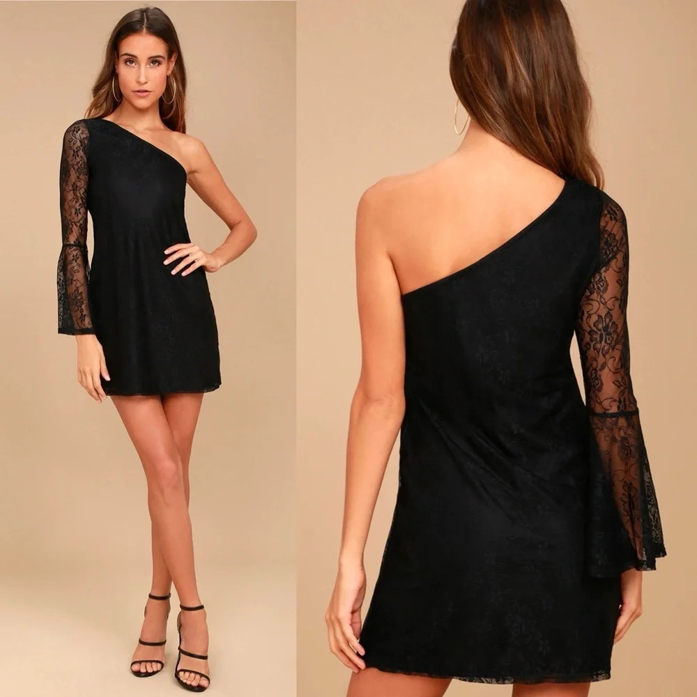 ✨NWT Lulus Black Lace One Shoulder Bell Sleeve Come To Play Mini Dress Small